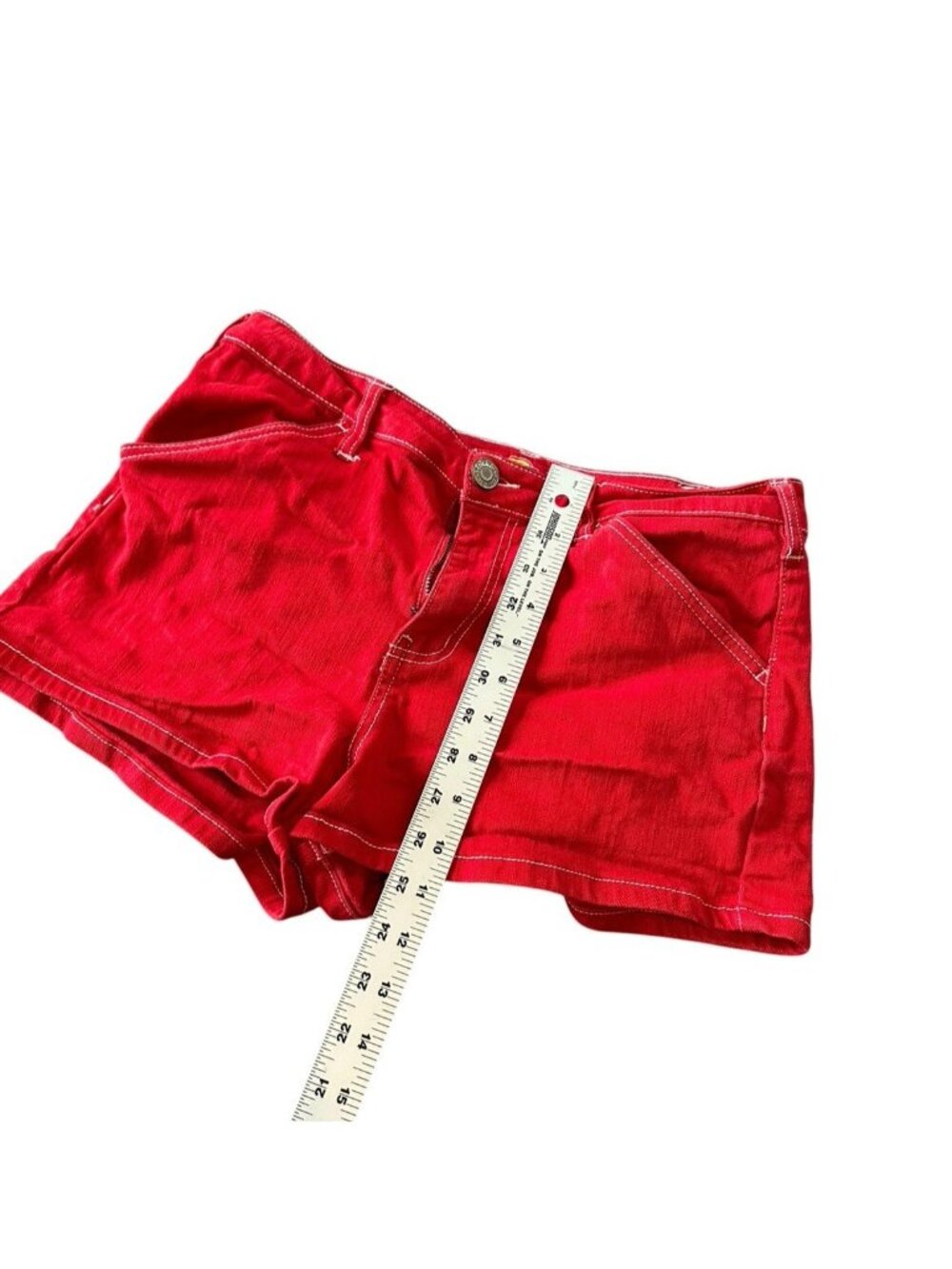 Dickies Red Denim Micro Shorts Women 11/30 Streetwear Utility Y2K Mini Nautical - Picture 2 of 7